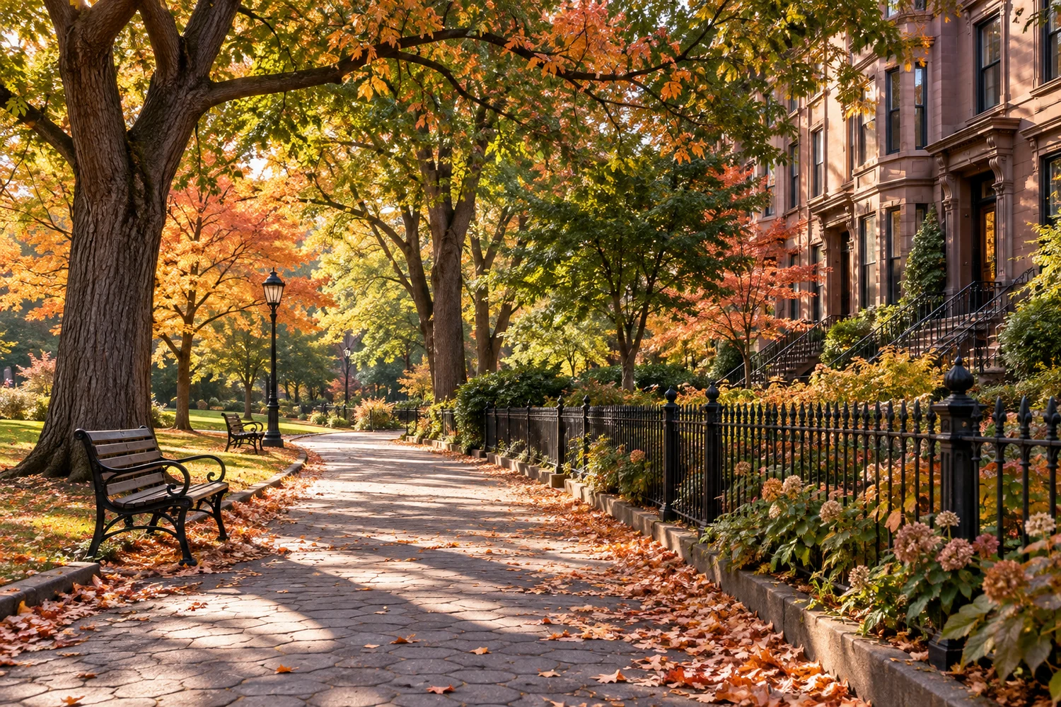 An empty park path winds between mature trees and a wrought-iron fence in warm early autumn light