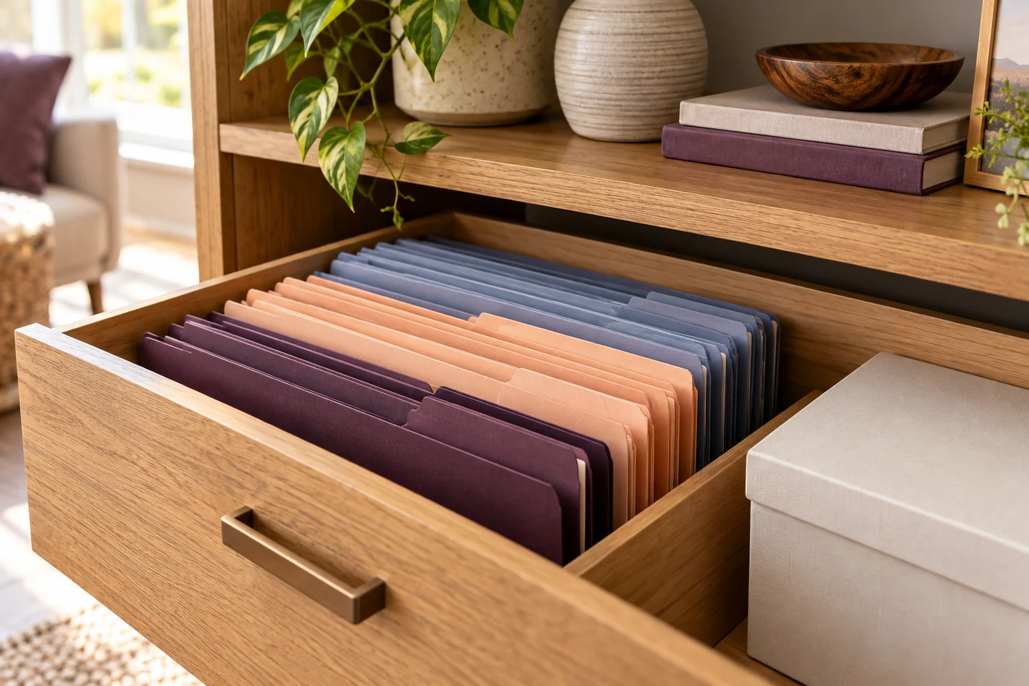 Unlabelled color-coded folders and a closed box are organized in an open drawer beneath tidy home shelving